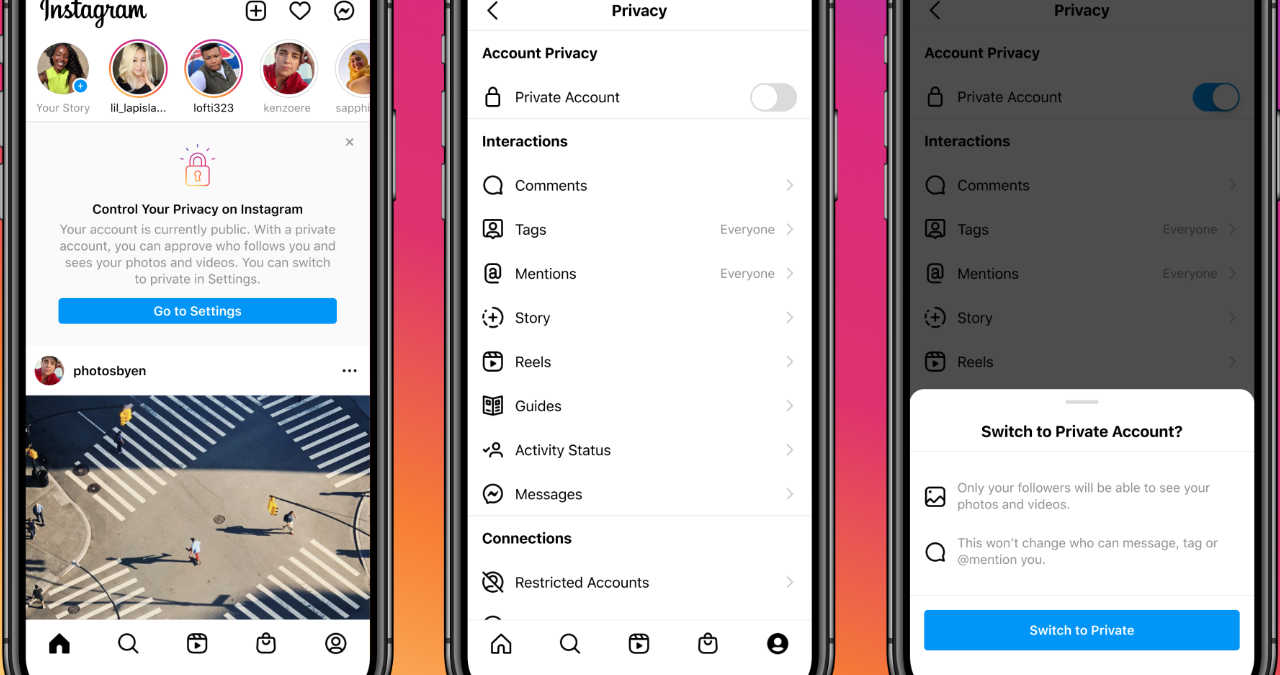 meniu setari confidentialitate instagram cu optiunea cont privat activata