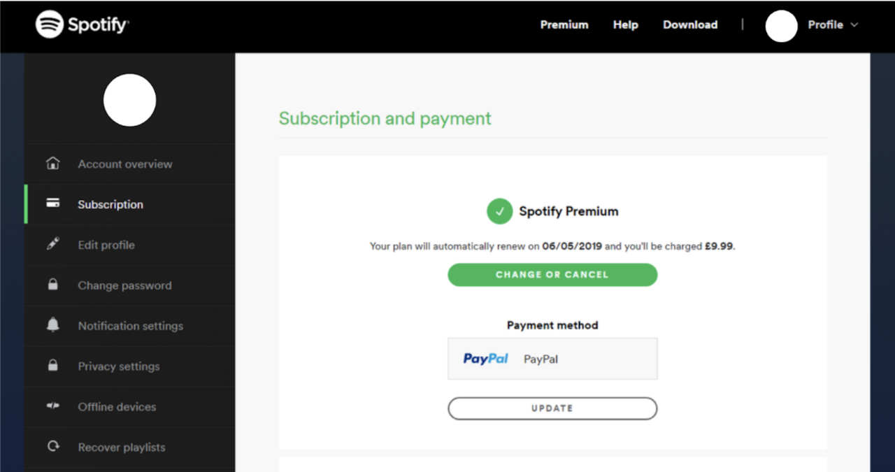 ecran de telefon afisand site-ul spotify si butonul de anulare a planului premium