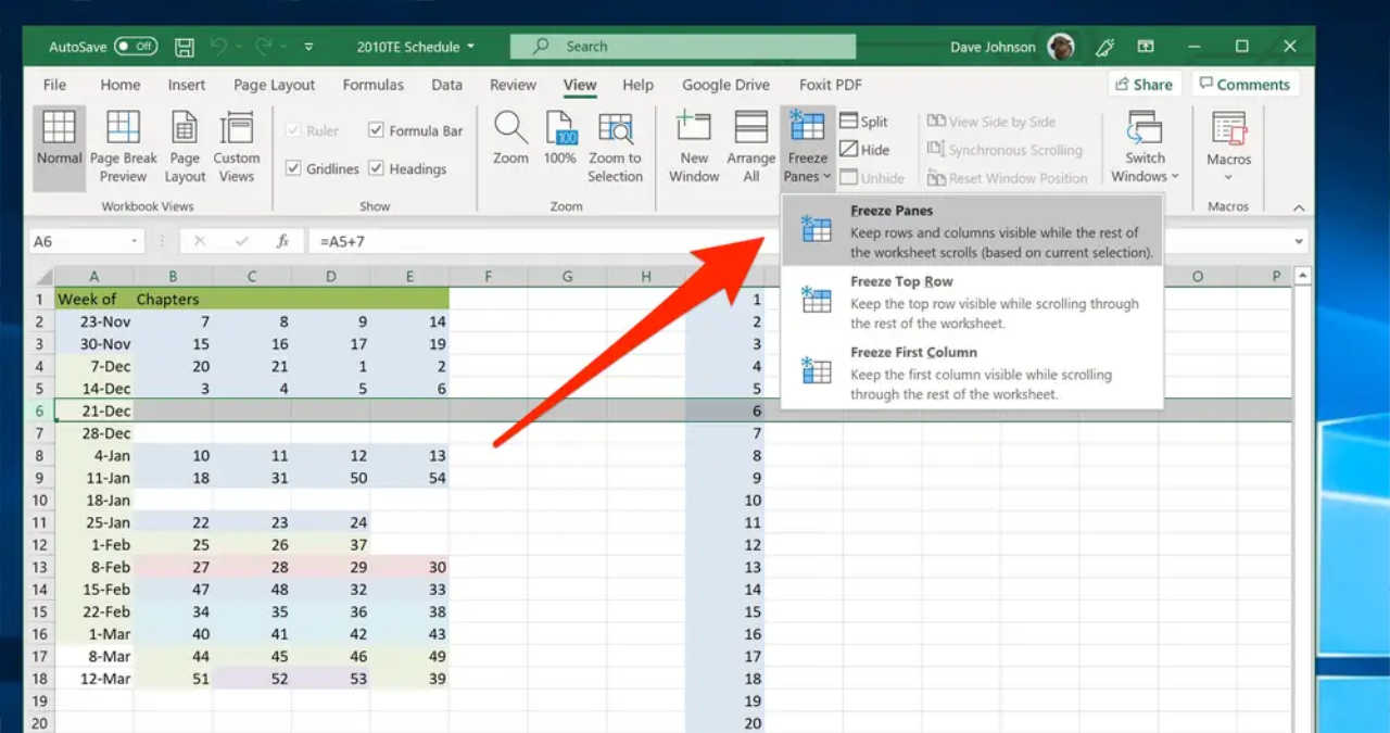 meniul view din microsoft excel cu butonul freeze panes evidentiat