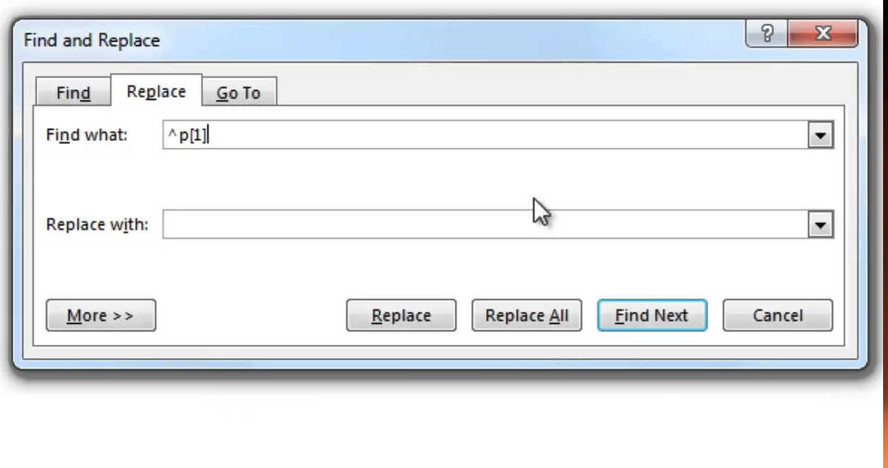 Fereastra Găsire și Înlocuire din Microsoft Word evidențiind completarea căsuțelor de text