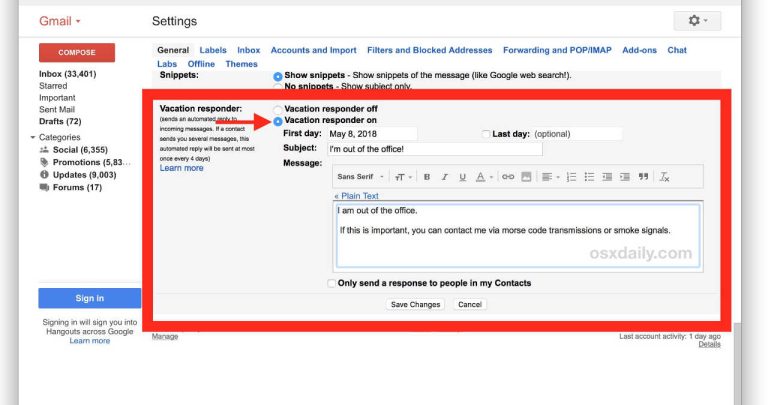 Meniul de setări generale din aplicația Gmail evidențiind completarea datelor pentru răspunsul automat de vacanță