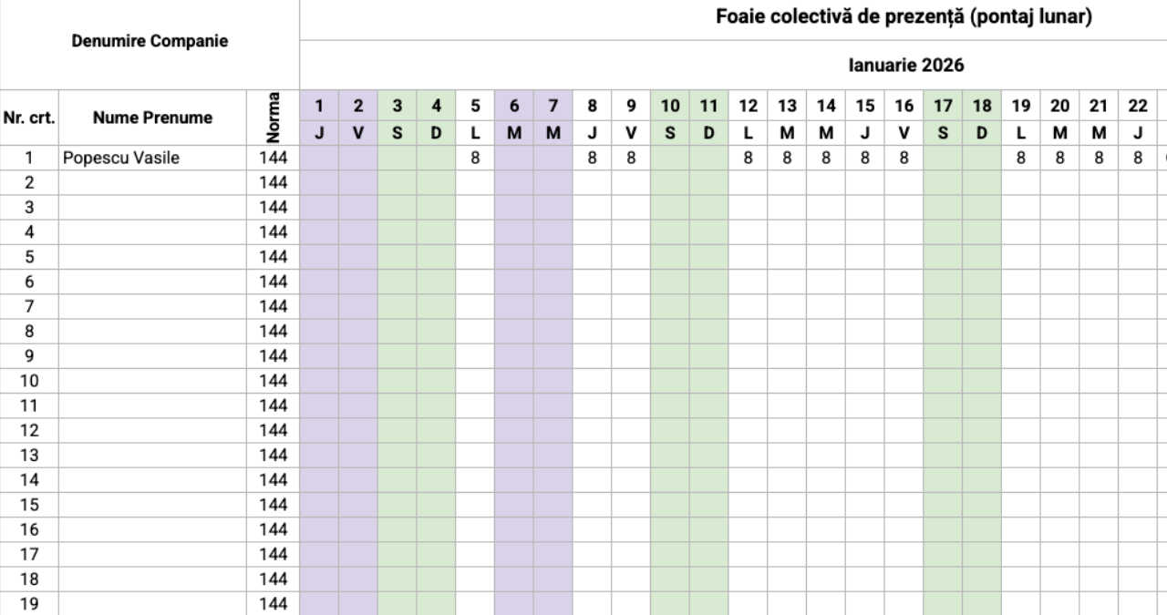 Un clipboard cu un tabel Excel tipărit pentru evidența pontajului zilnic al angajaților