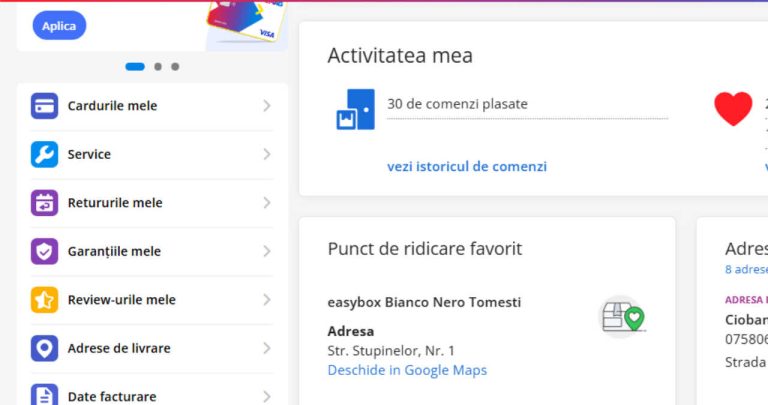 meniu securitate si date personale din contul emag pentru schimbare parola