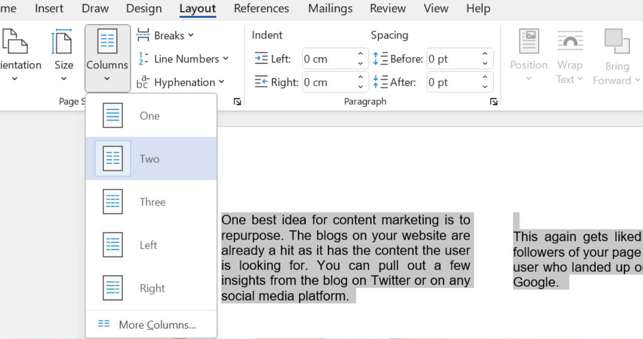 un monitor ce afiseaza panglica microsoft word cu optiunea columns deschisa pentru a seta doua coloane